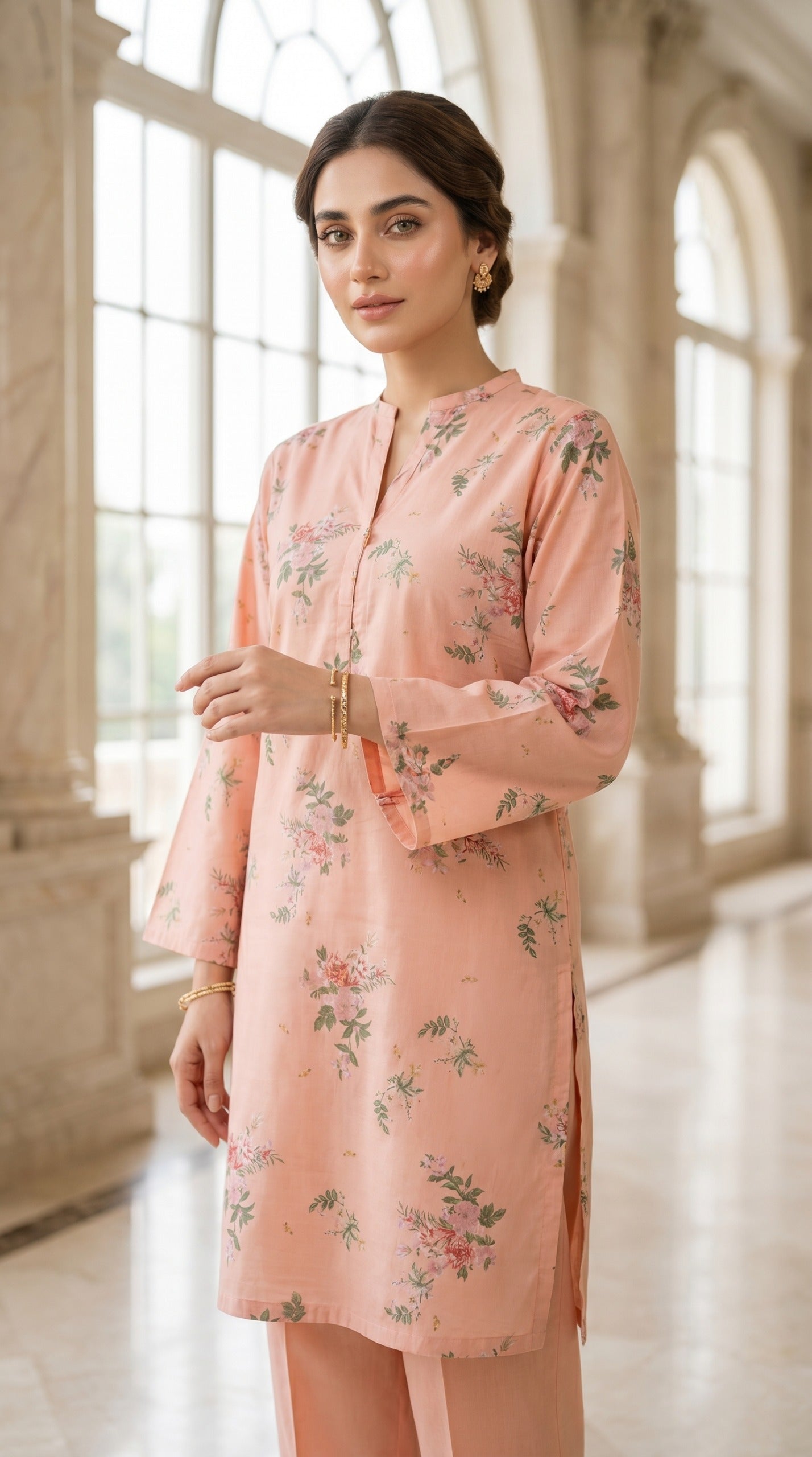 Blush Pink Floral Printed Lawn Kurti – Elegant V-Neck Straight Tunic