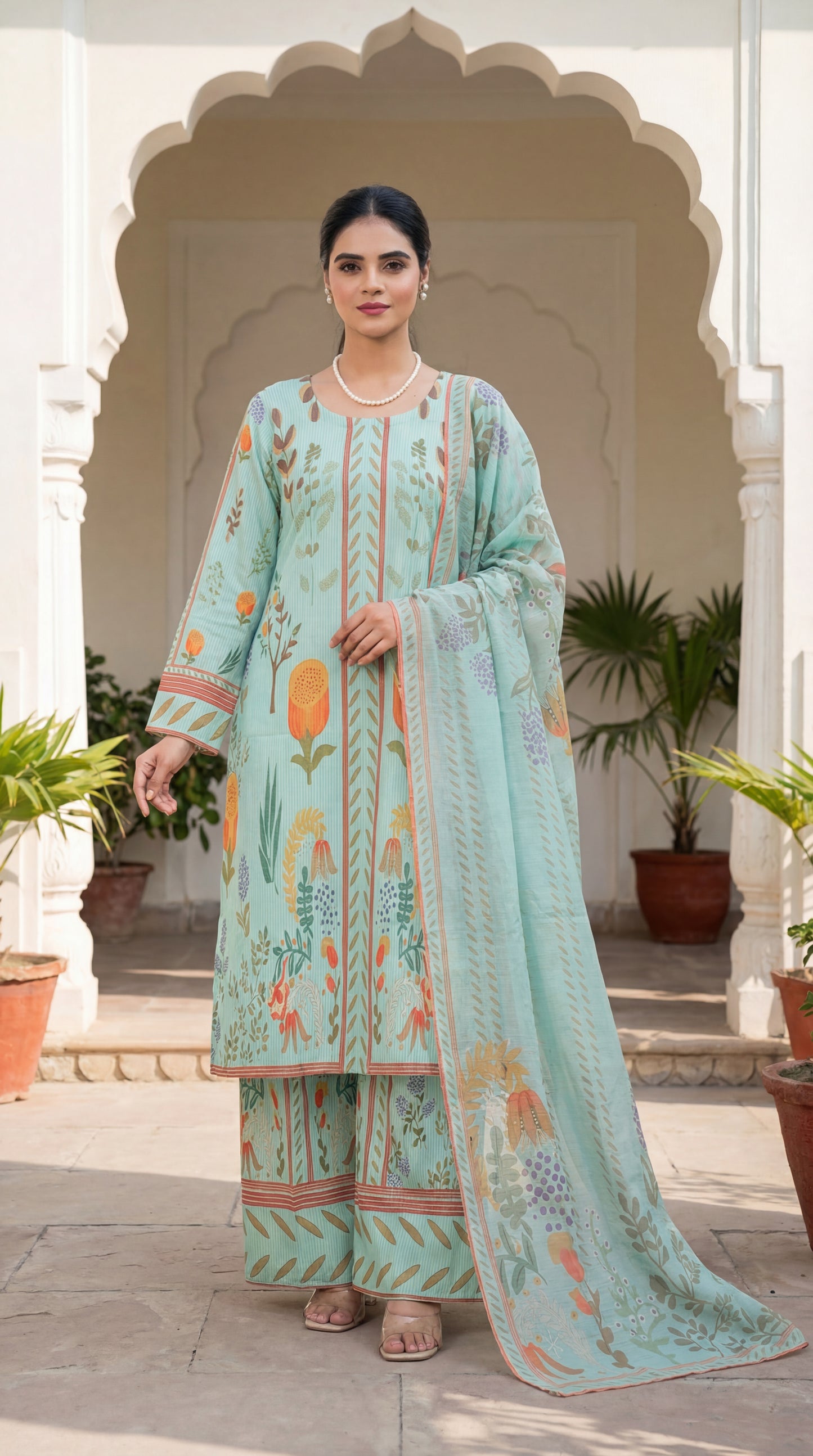 The Elegant Choice: Mint Green Floral Print 3-Piece Lawn Suit with Matching Dupatta