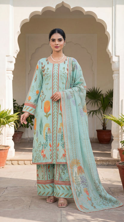 The Elegant Choice: Mint Green Floral Print 3-Piece Lawn Suit with Matching Dupatta