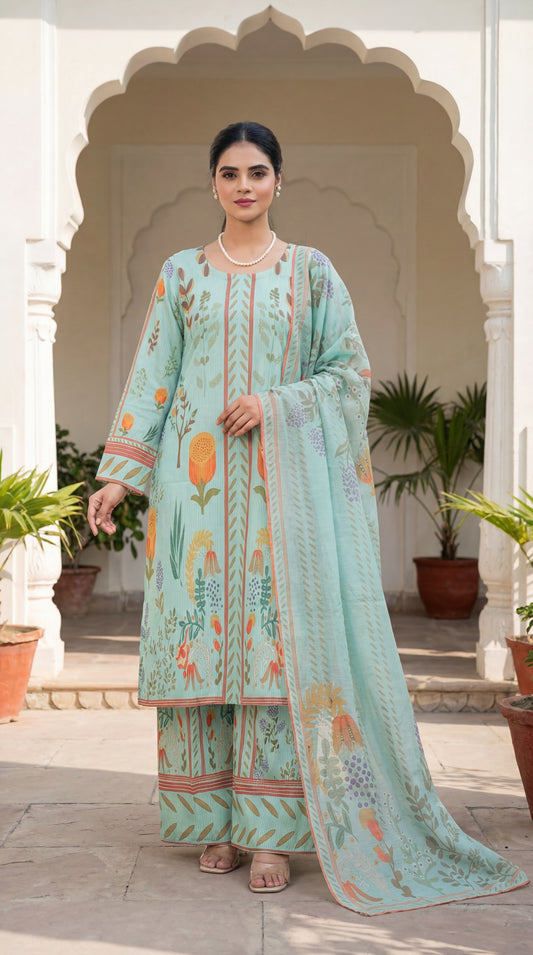 The Elegant Choice: Mint Green Floral Print 3-Piece Lawn Suit with Matching Dupatta