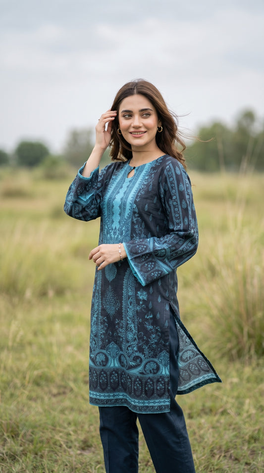 Oceanic Elegance Printed Lawn Kurti – Deep Teal & Turquoise
