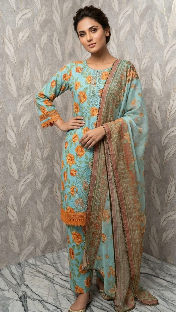 Summer Bloom | Powder Blue & Ochre Floral 3-Piece Suite