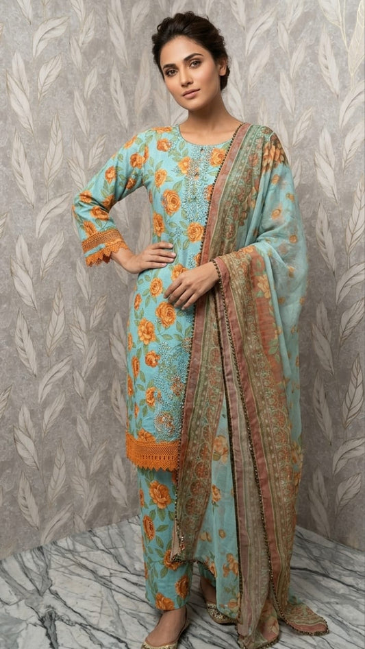 Summer Bloom | Powder Blue & Ochre Floral 3-Piece Suite