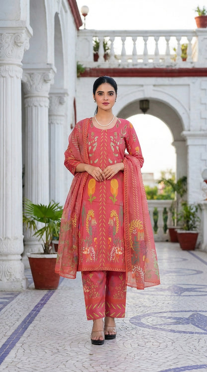 Elegant Botanical Print 3-Piece Suite – Coral Organza & Lawn Collection