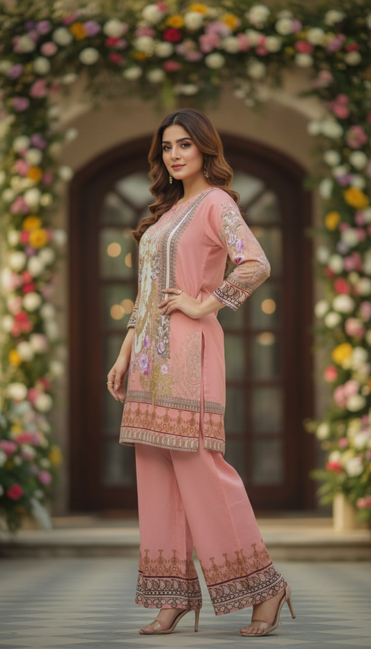 Blush Rose Floral Embroidered 2-Piece Lawn Suit
