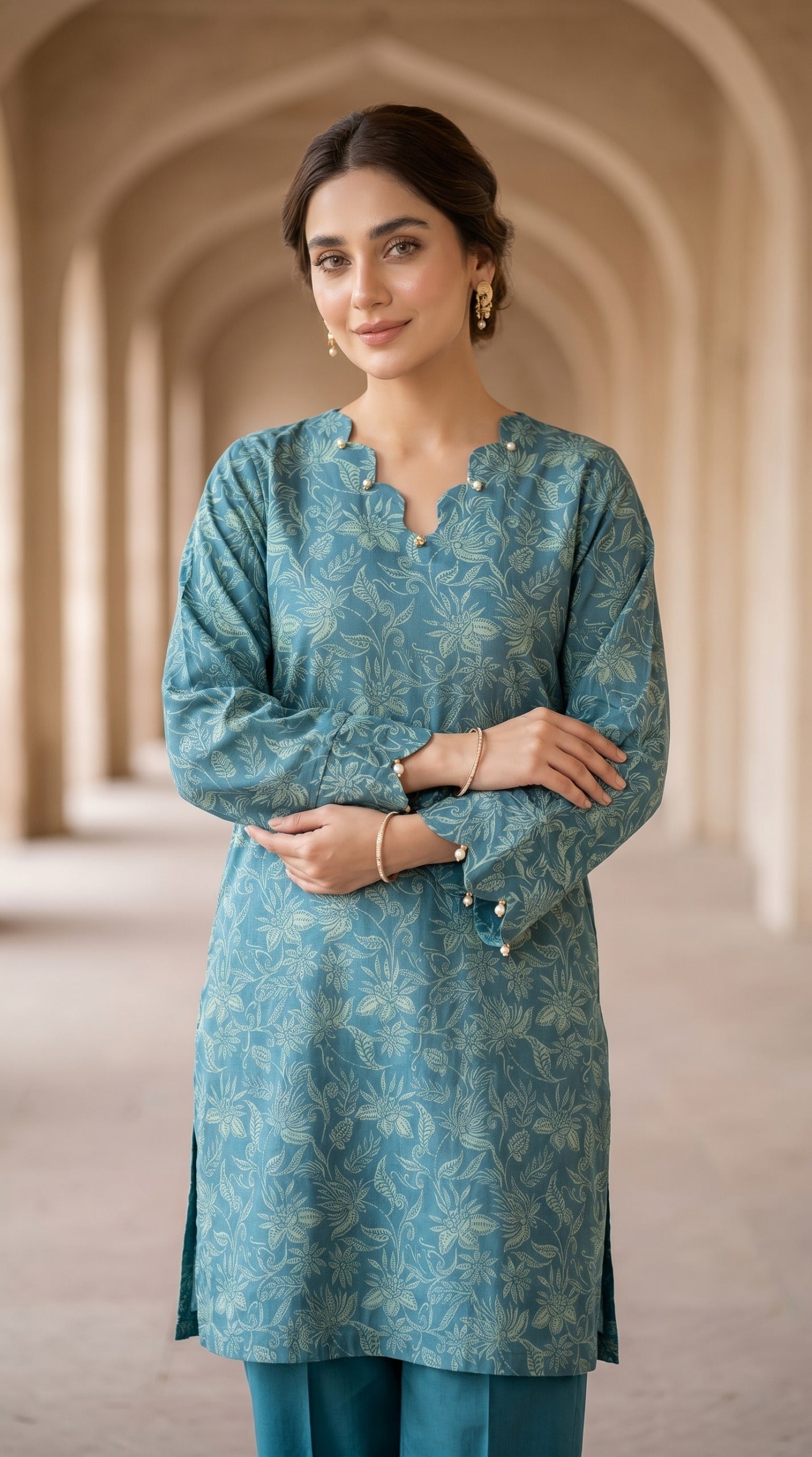 Ethereal Sage Teal Printed Lawn Kurti with Scallop Details