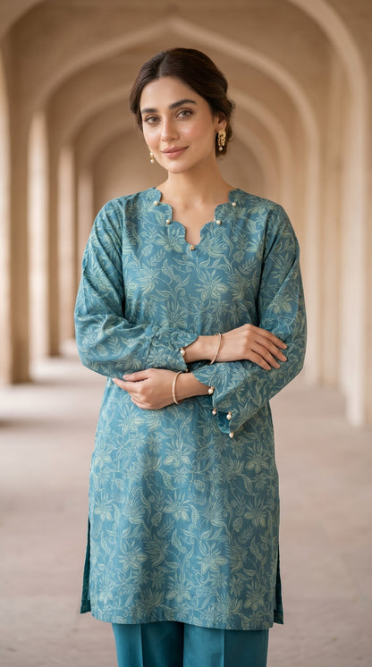 Ethereal Sage Teal Printed Lawn Kurti with Scallop Details