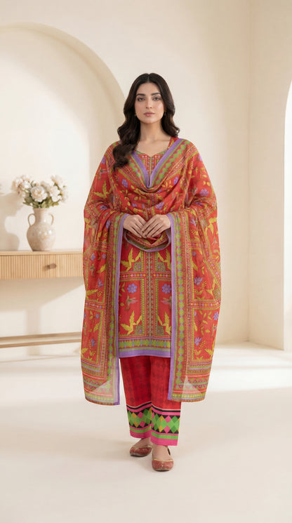 Radiant Crimson Floral 3-Piece Stitched Lawn Suit