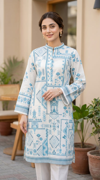 Ivory & Azure Geometric Printed Kurti – Premium Lawn Casual Shirt