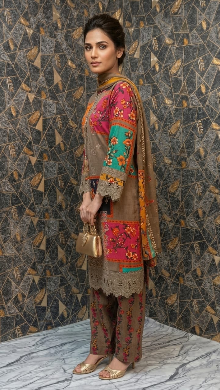 Earth-Toned Patchwork Embroidered Lawn Suit – 3-Piece Festive Set