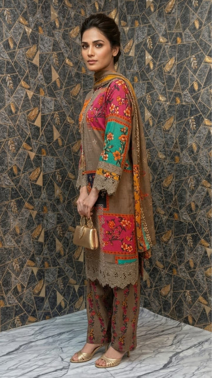 Earth-Toned Patchwork Embroidered Lawn Suit – 3-Piece Festive Set