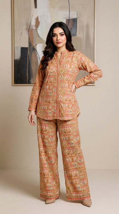 Peach Floral Mosaic Two-Piece Co-Ord Set |  Neckline Kurta & Wide-Leg Trousers