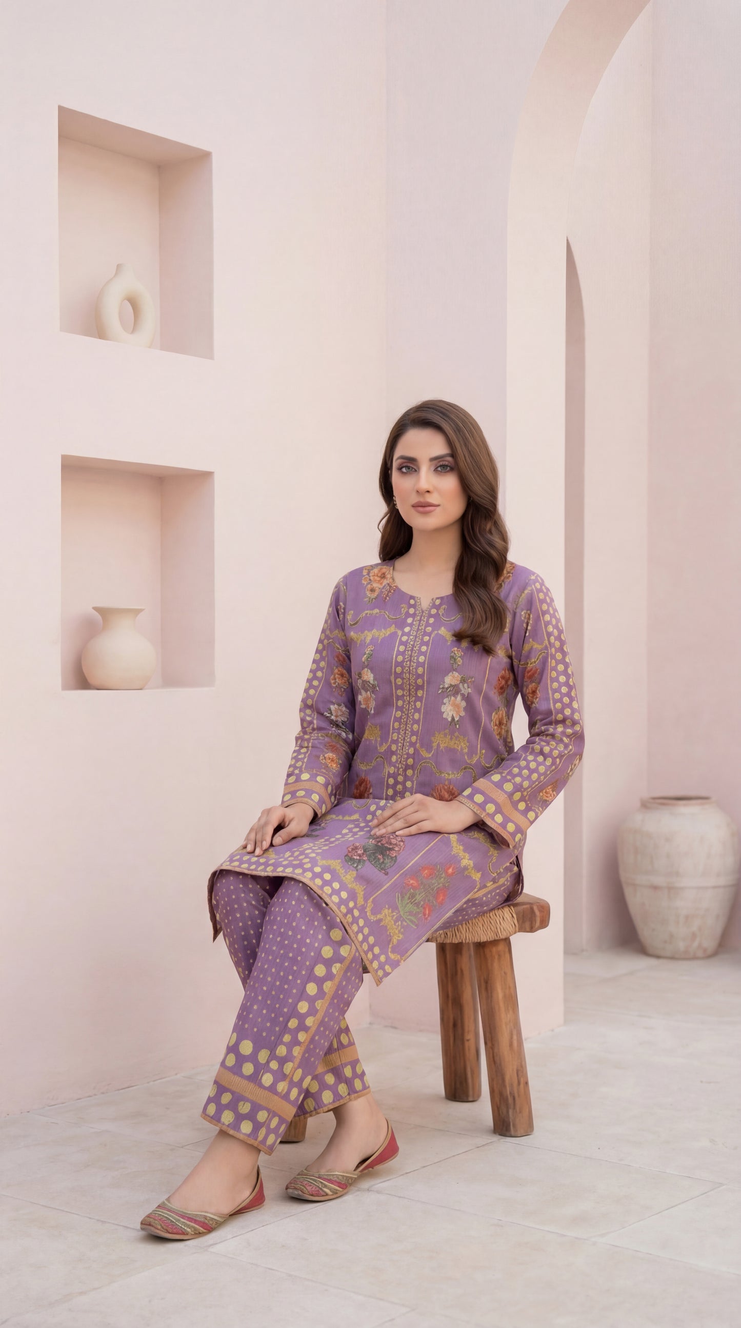 Elegant Lavender Floral & Polka Dot 2-Piece Linen Set