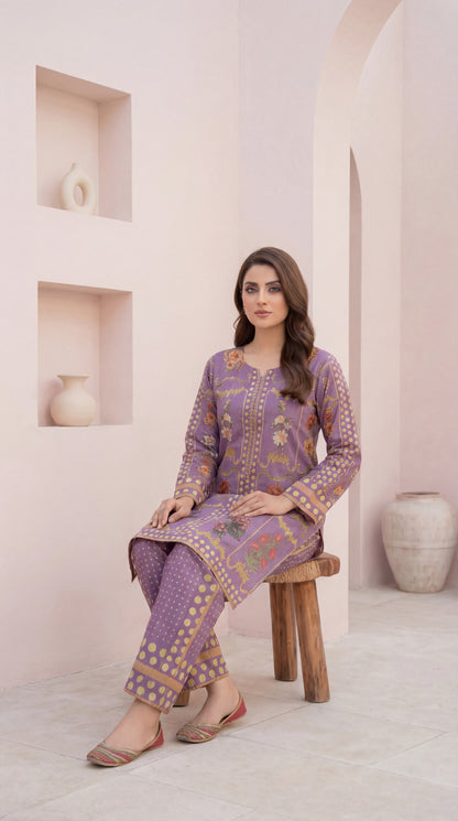 Elegant Lavender Floral & Polka Dot 2-Piece Linen Set