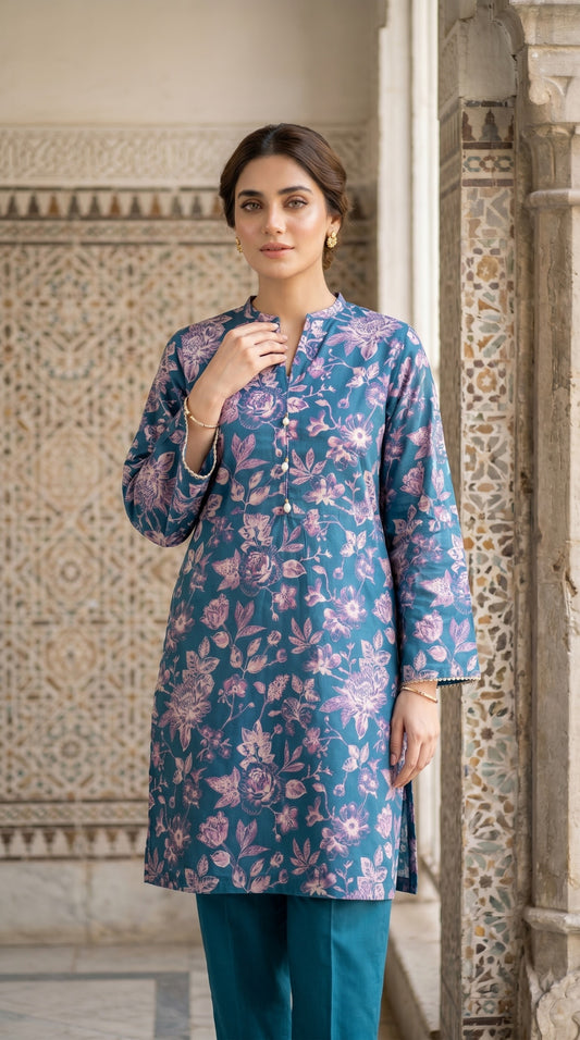 Elegant Steel Blue Floral Printed Kurti
