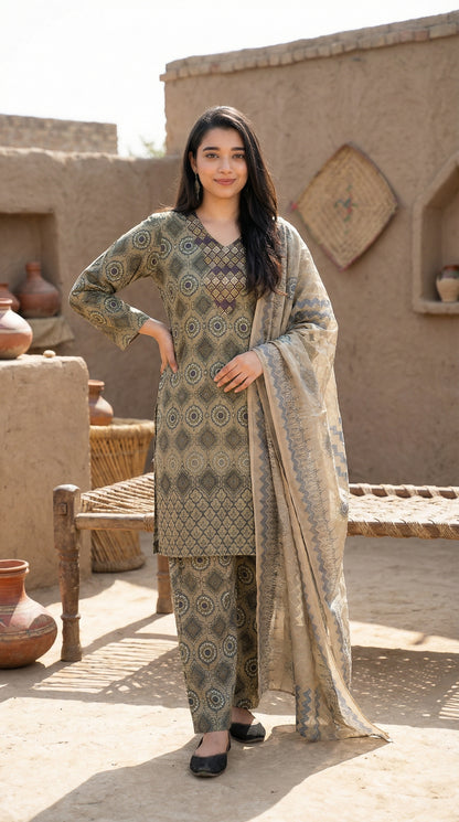 Vintage Olive Geometric Print Kurta Set with Chiffon Dupatta