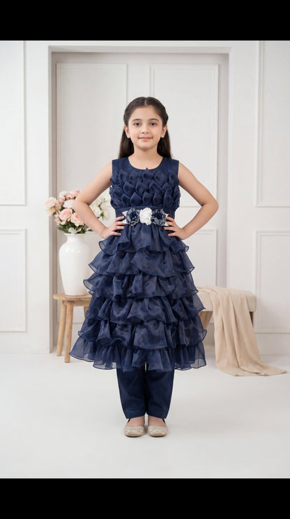 Midnight Navy Tiered Petal Party Frock with Floral Belt Accent