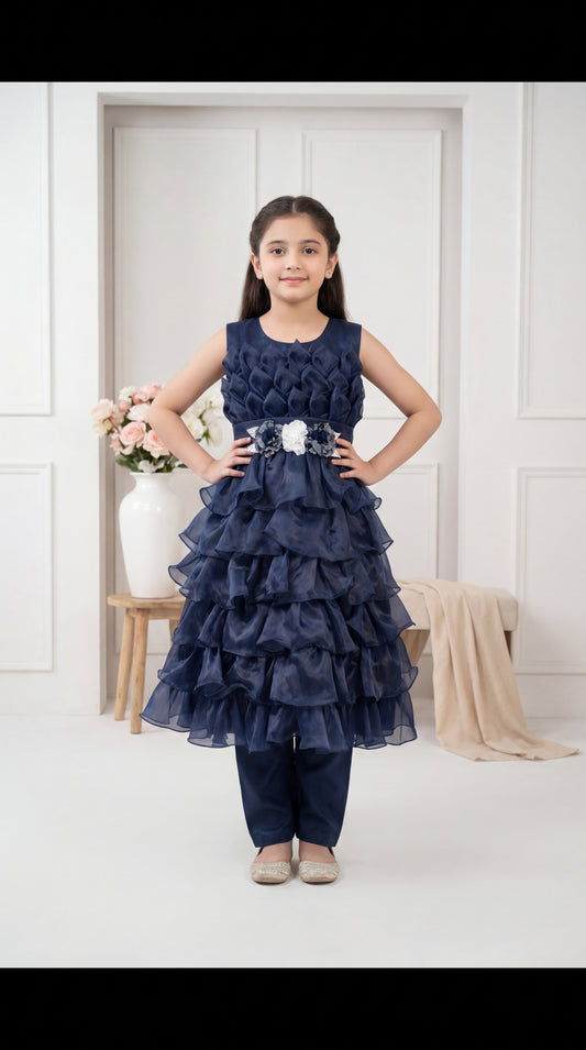Midnight Navy Tiered Petal Party Frock with Floral Belt Accent