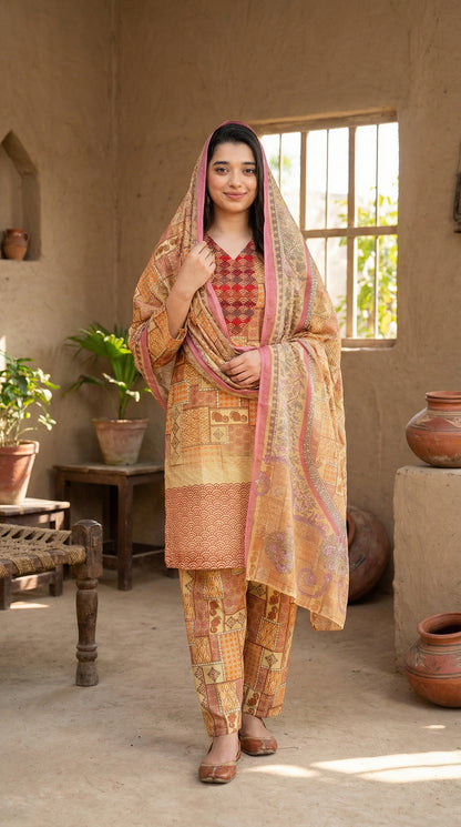 Earthy Patchwork Print 3-Piece Lawn Suit