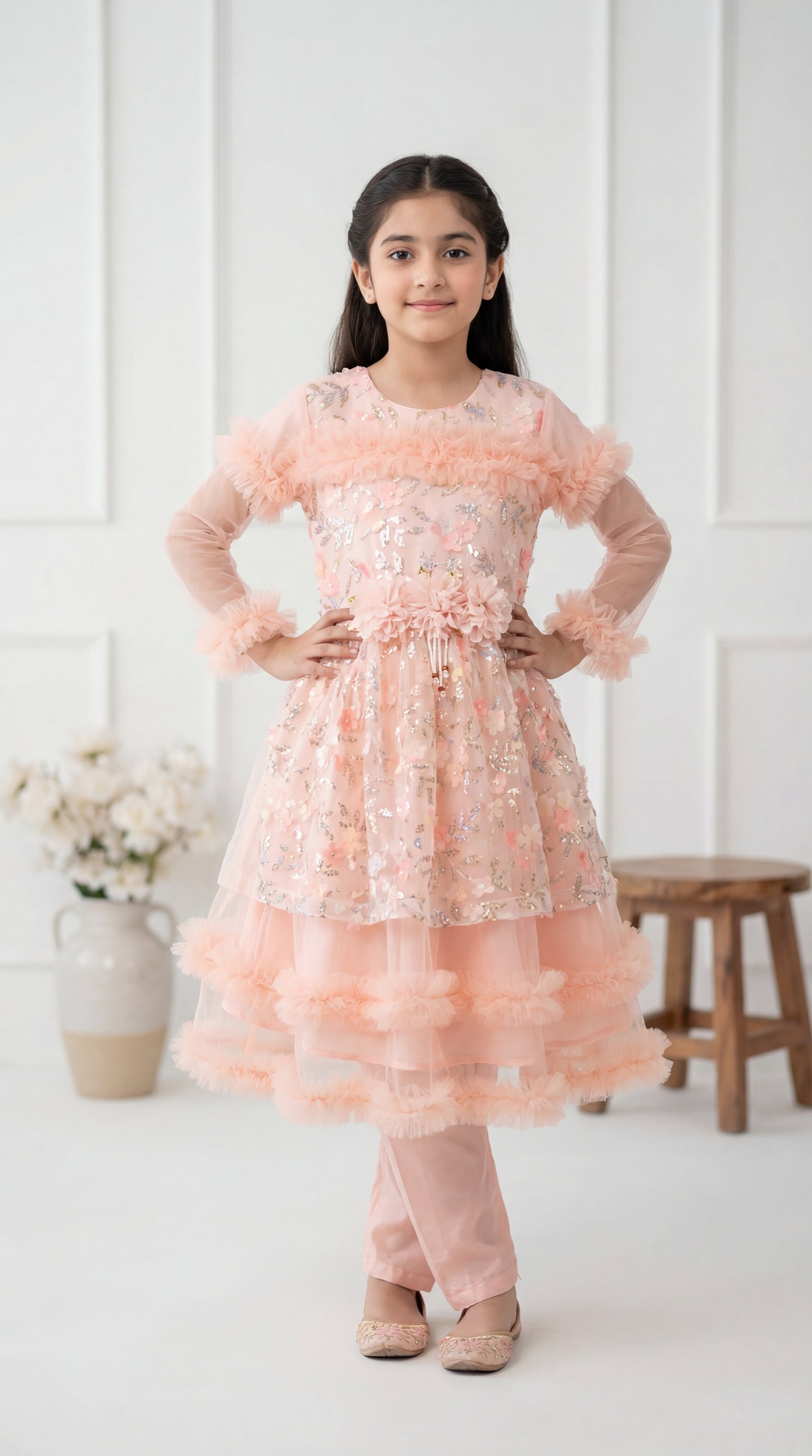 Girls' Enchanted Peach Ruffle Tiered Party Frock