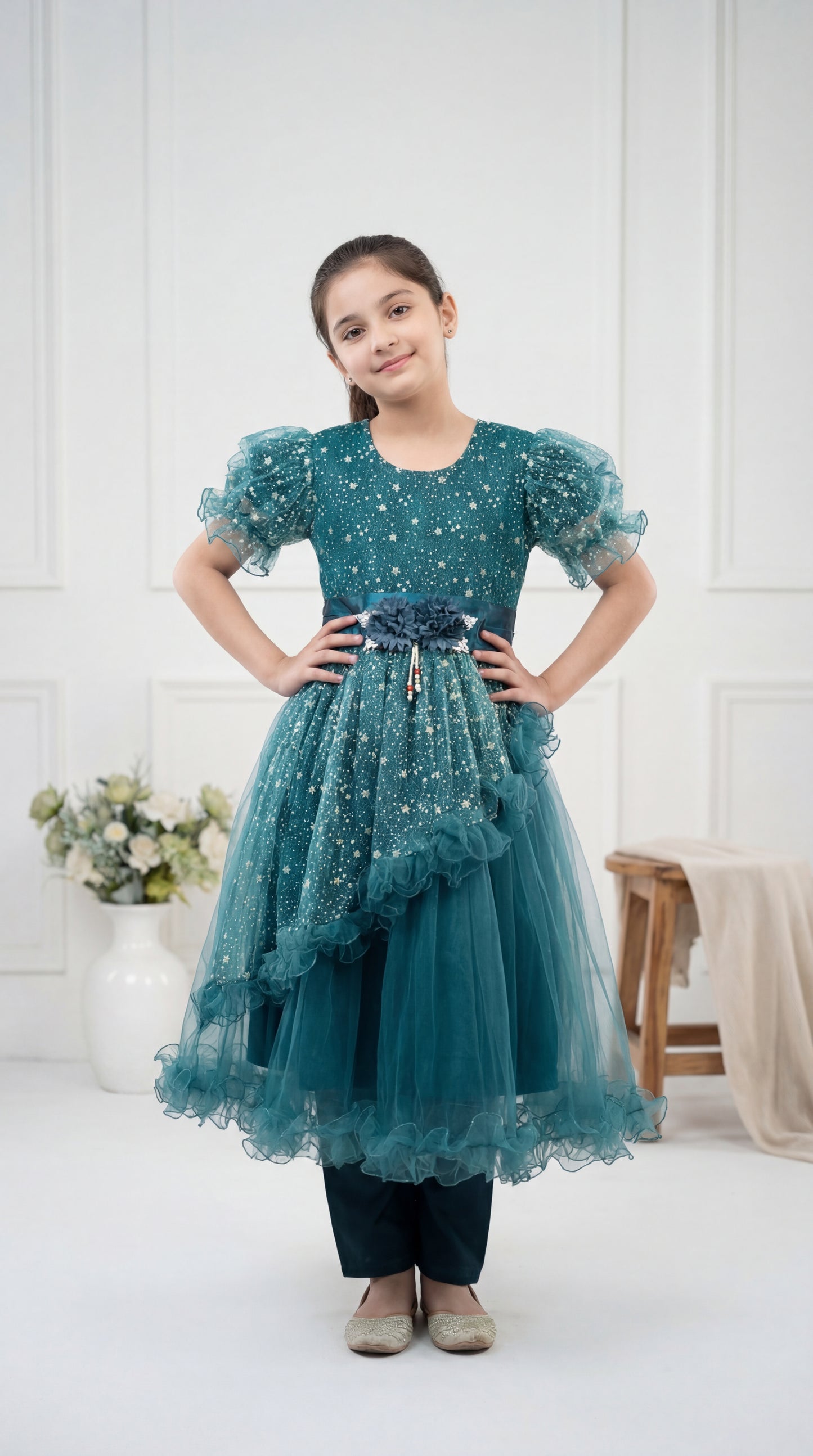 Girls' Enchanted Teal Star-Dust Tulle Frock – 3-Piece Festive Set