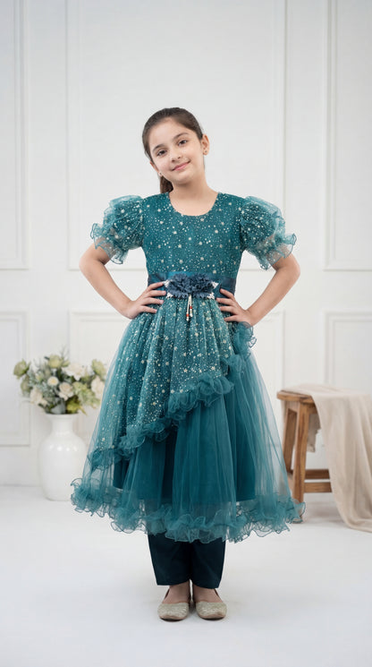 Girls' Enchanted Teal Star-Dust Tulle Frock – 3-Piece Festive Set