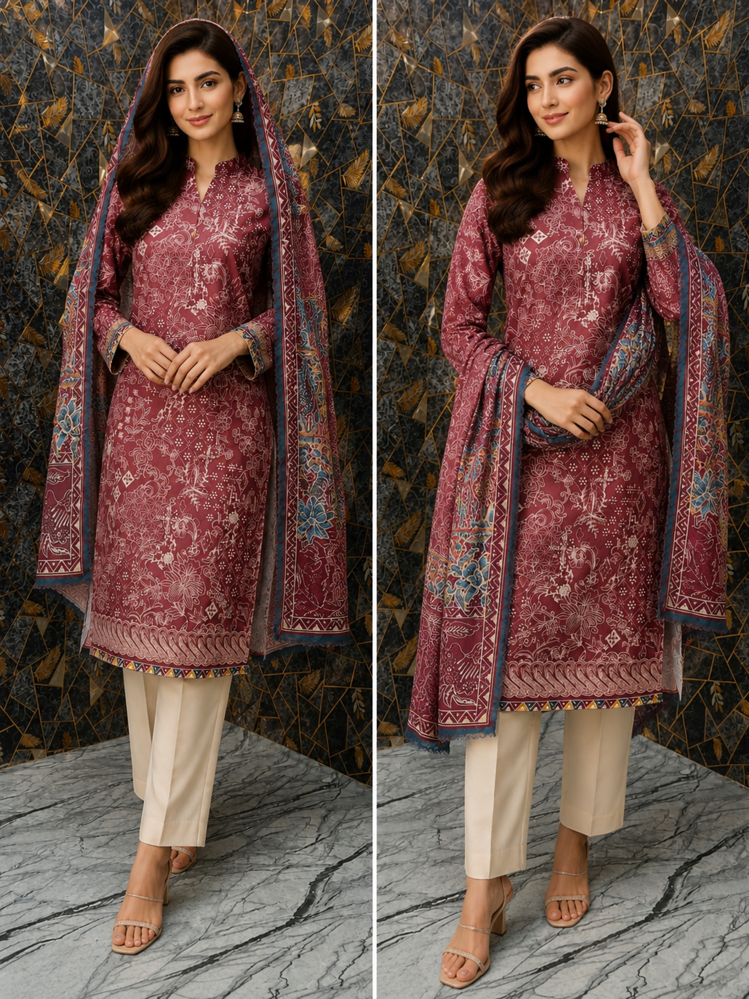 Elegant Floral Printed 3-Piece Stitched Lawn Suit – Plum & Beige