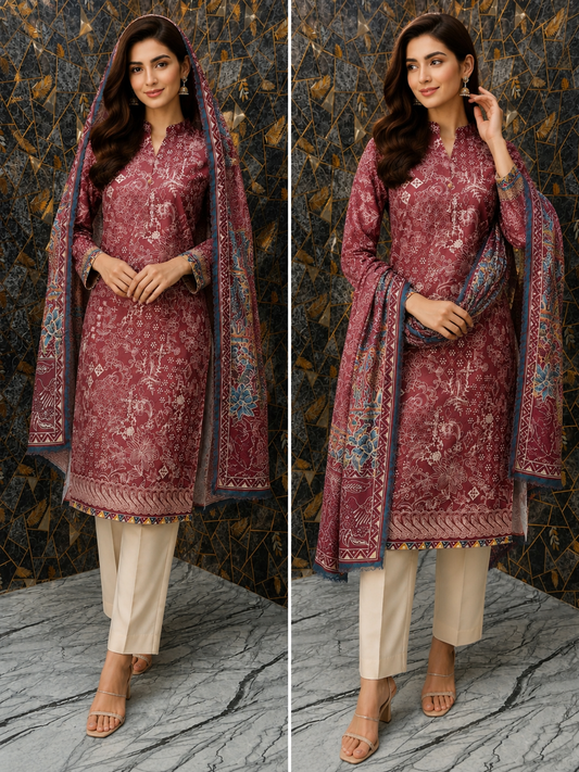 Elegant Floral Printed 3-Piece Stitched Lawn Suit – Plum & Beige
