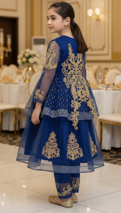 Girls' Royal Blue & Gold Embroidered Double-Layer Festive Frock