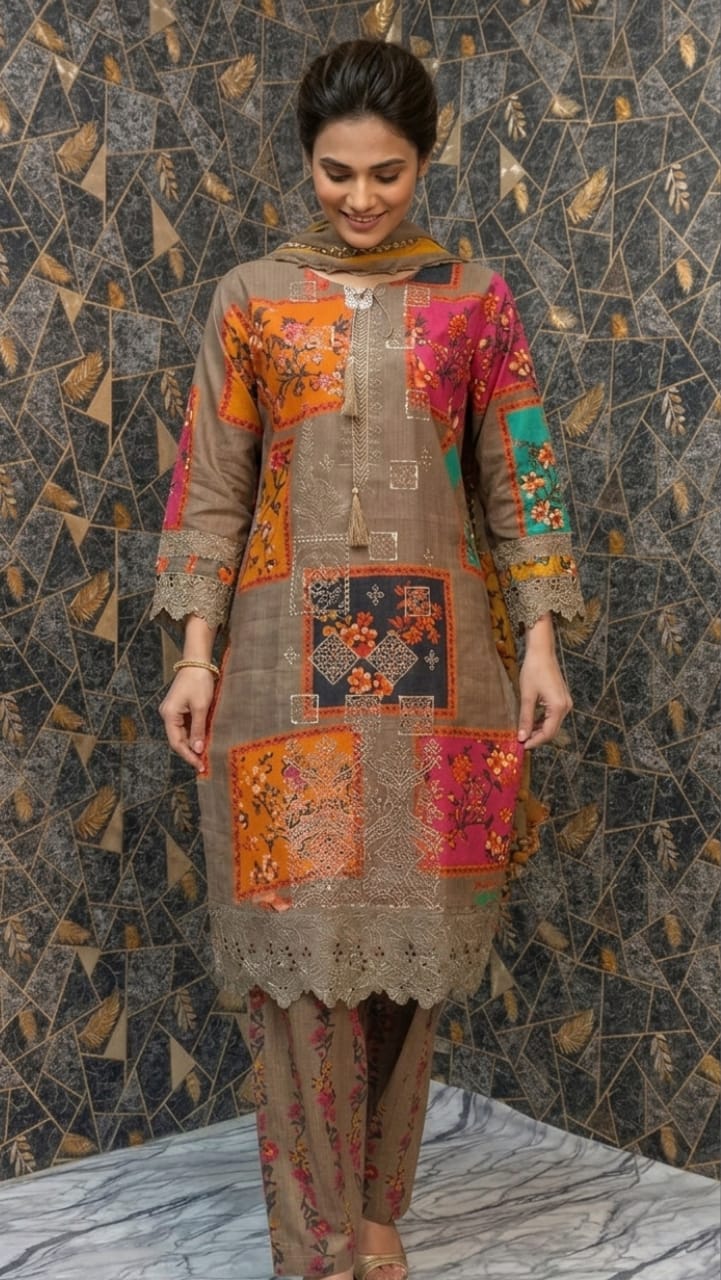 Earth-Toned Patchwork Embroidered Lawn Suit – 3-Piece Festive Set