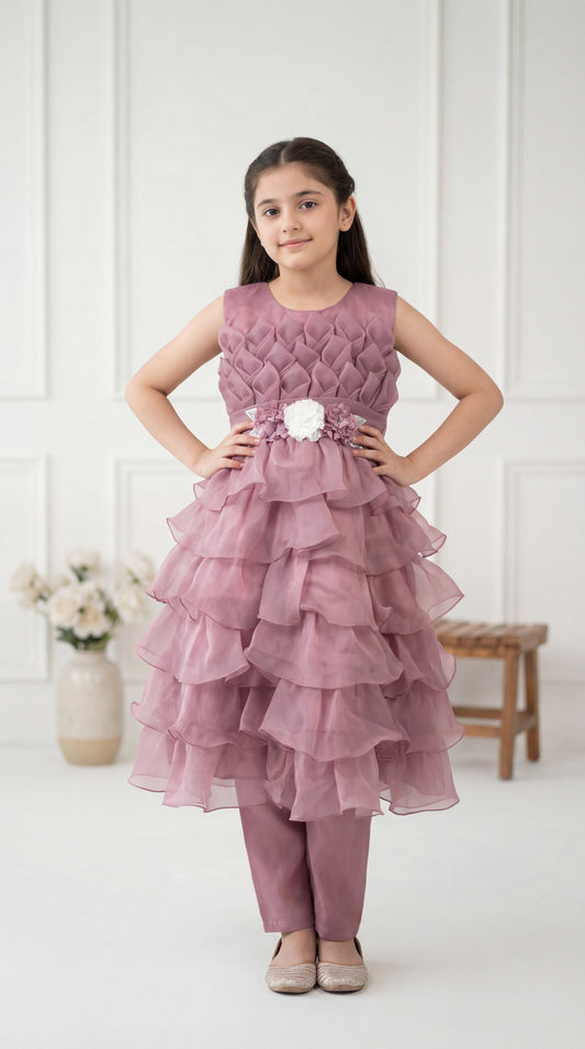 Mauve Dream Multi-Layered Ruffled Party Frock with Floral Belt